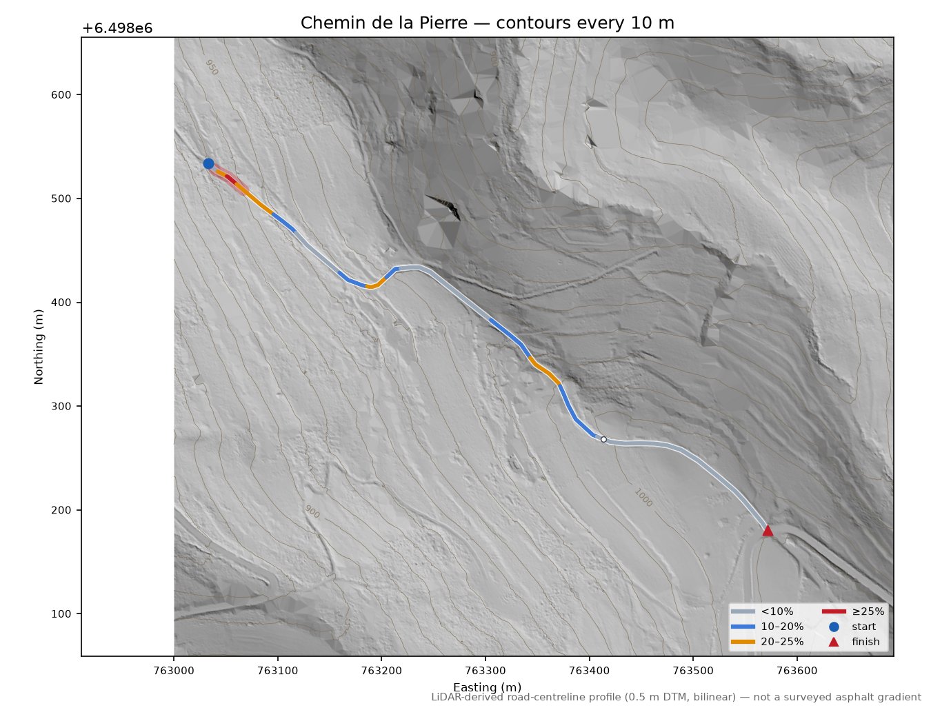 Chemin de la Pierre LiDAR hillshade map with contours