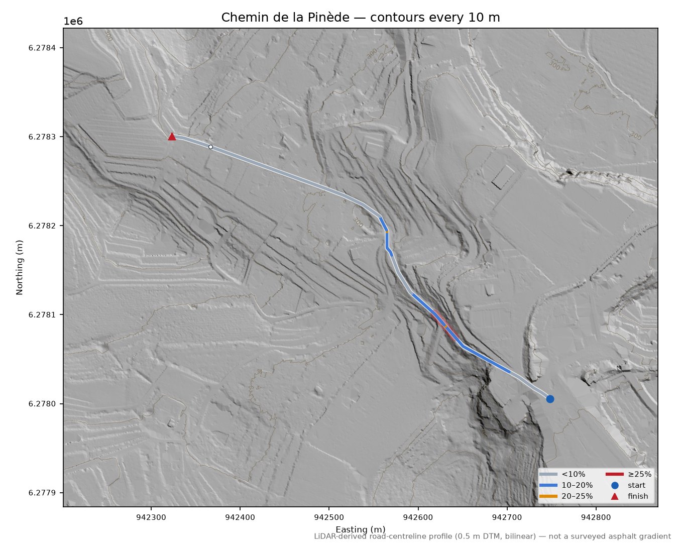 Chemin de la Pinède LiDAR hillshade map with contours