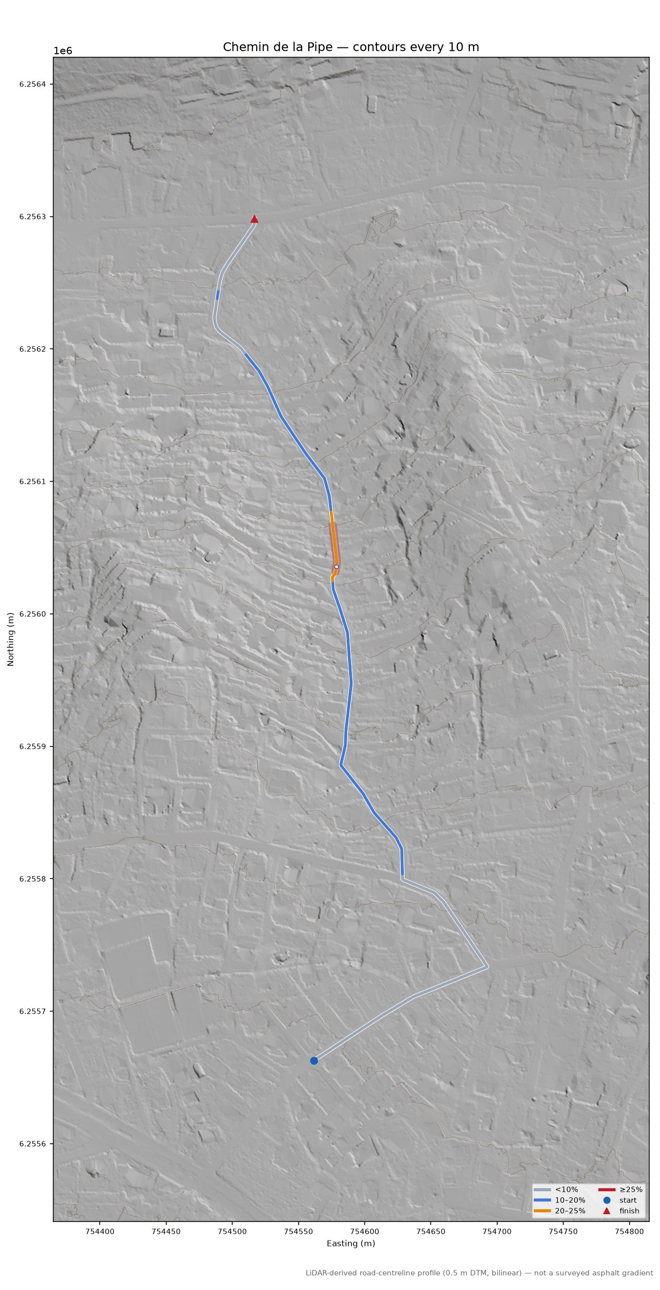 Chemin de la Pipe LiDAR hillshade map with contours