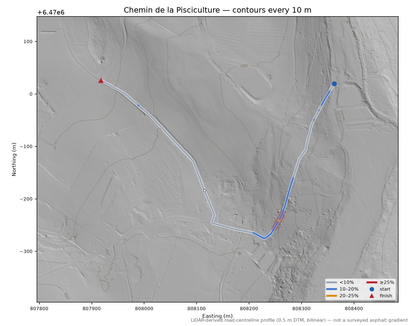 Chemin de la Pisciculture LiDAR hillshade map with contours