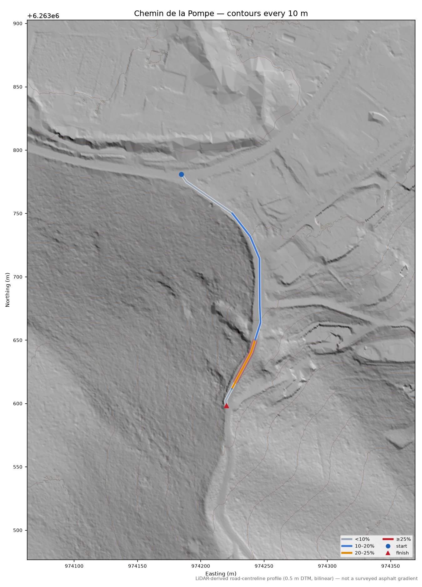 Chemin de la Pompe LiDAR hillshade map with contours
