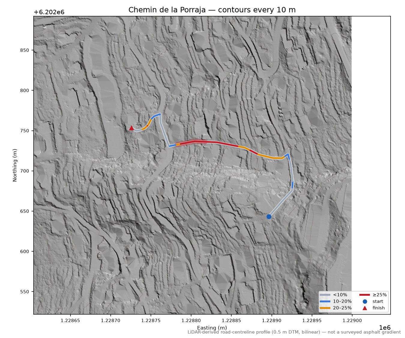 Chemin de la Porraja LiDAR hillshade map with contours