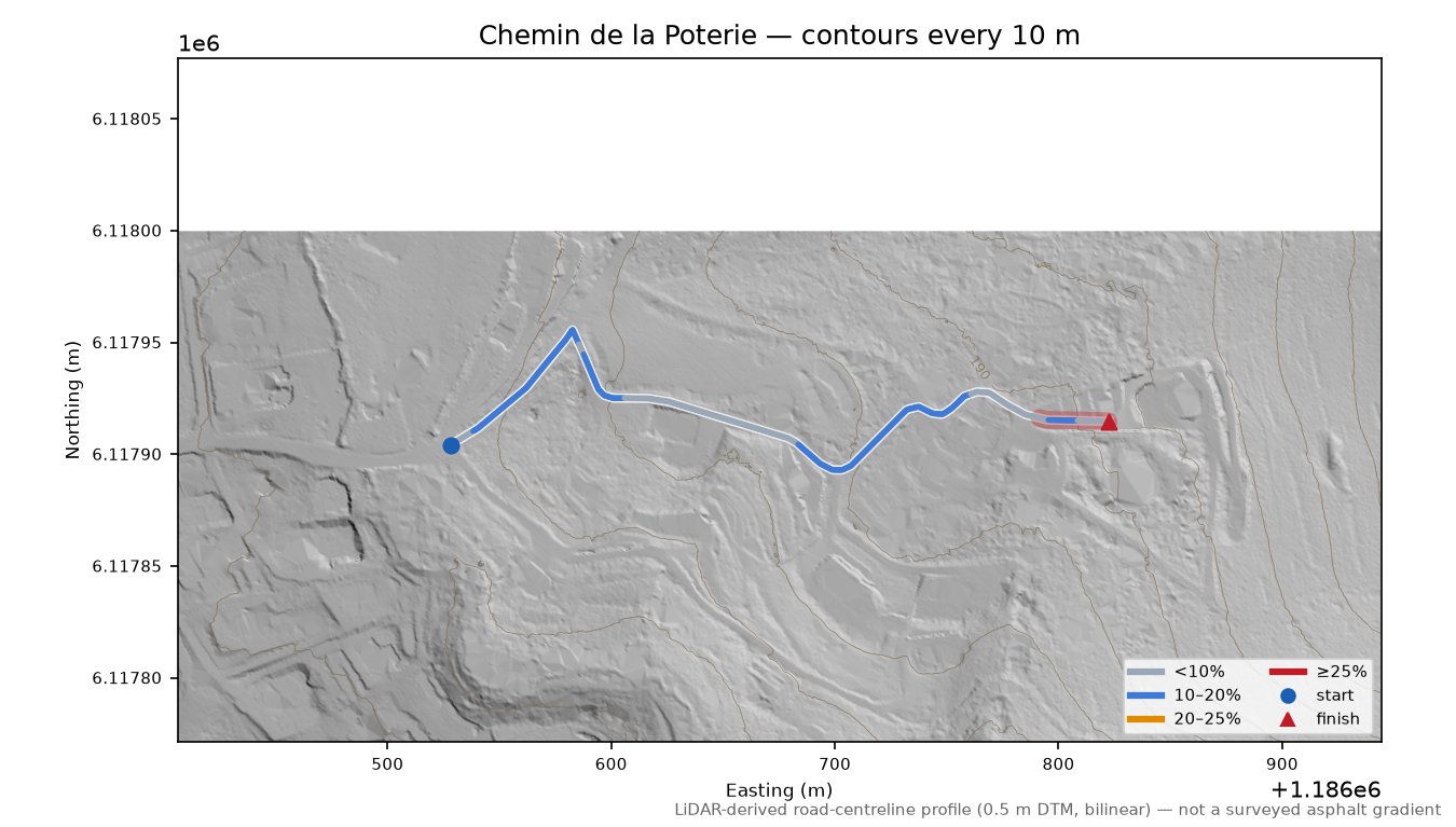 Chemin de la Poterie LiDAR hillshade map with contours