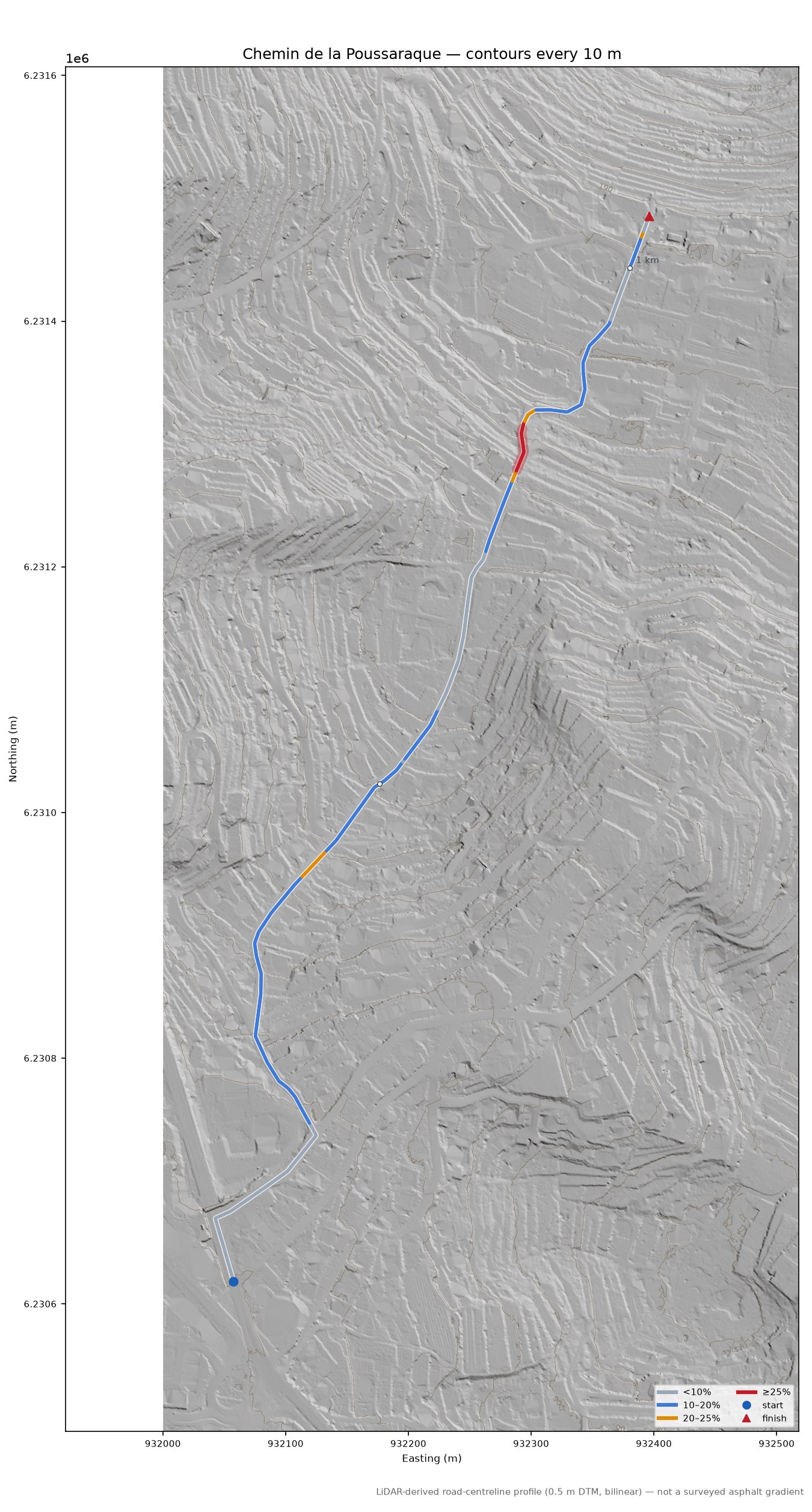 Chemin de la Poussaraque LiDAR hillshade map with contours