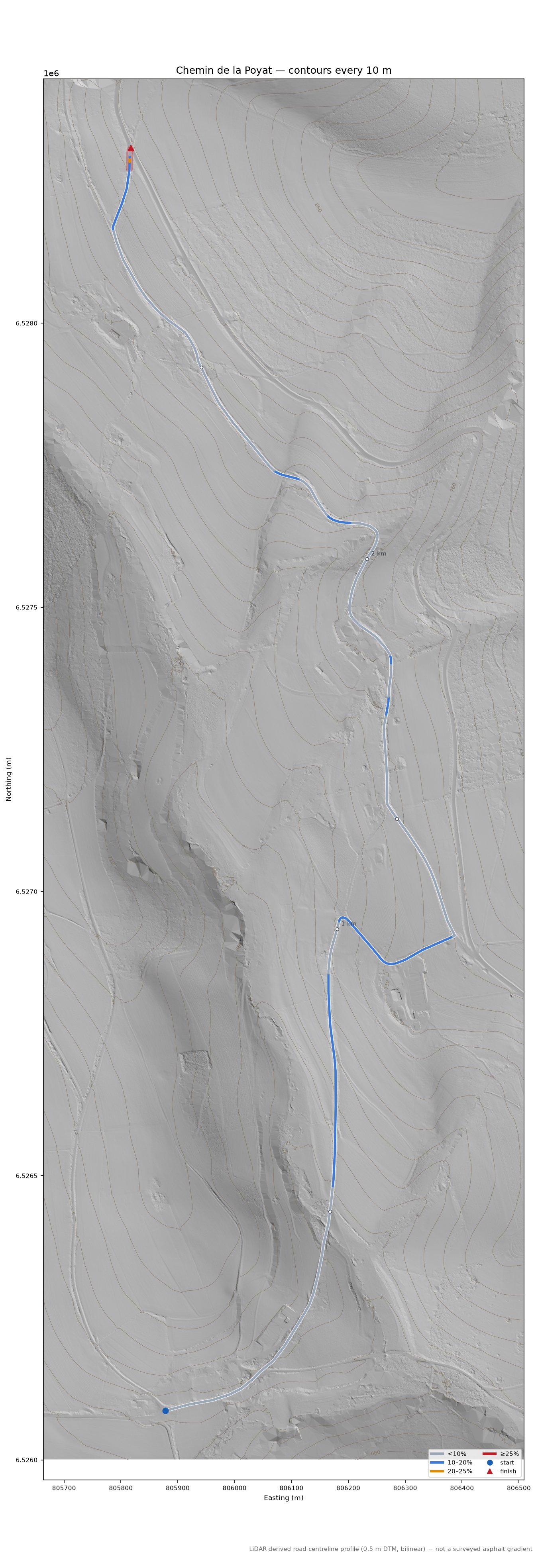 Chemin de la Poyat LiDAR hillshade map with contours