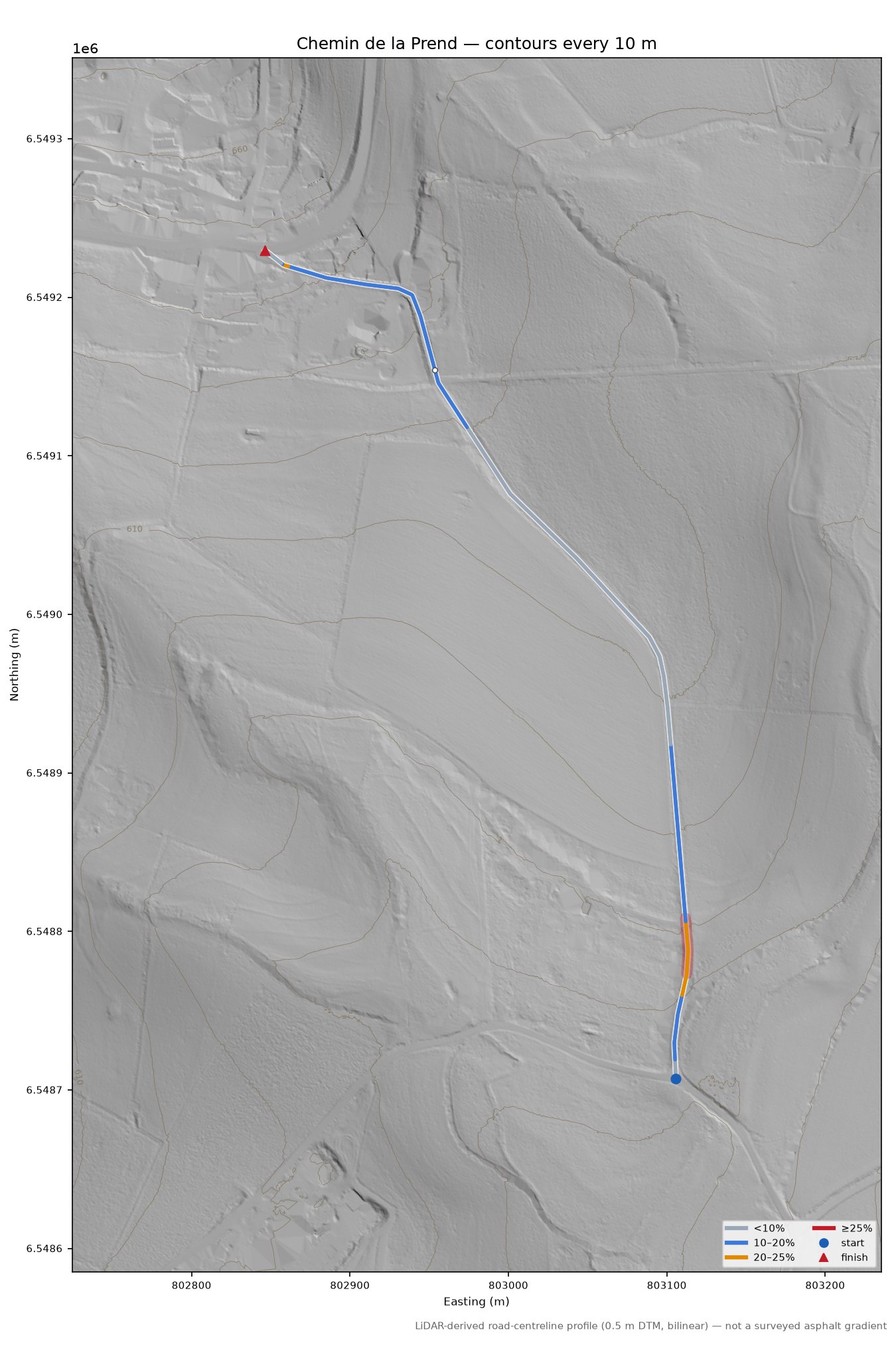 Chemin de la Prend LiDAR hillshade map with contours