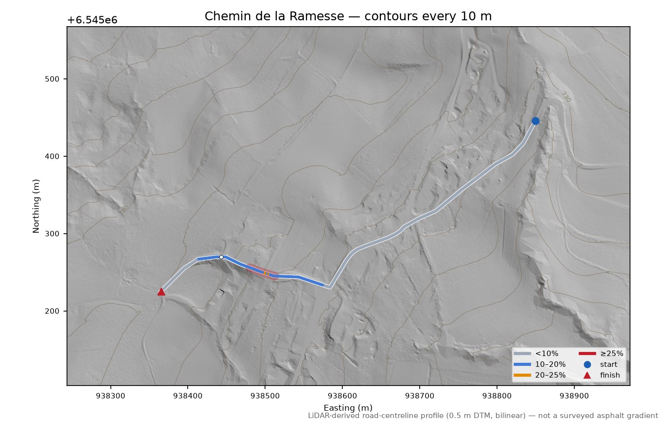 Chemin de la Ramesse LiDAR hillshade map with contours