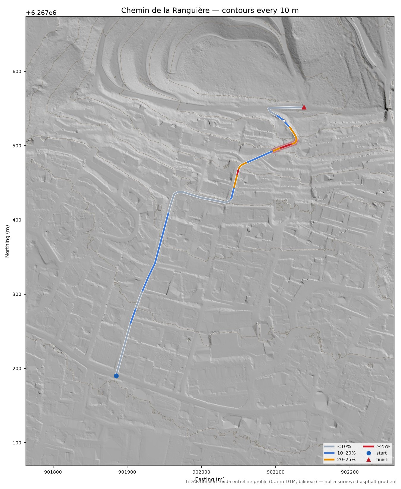 Chemin de la Ranguière LiDAR hillshade map with contours