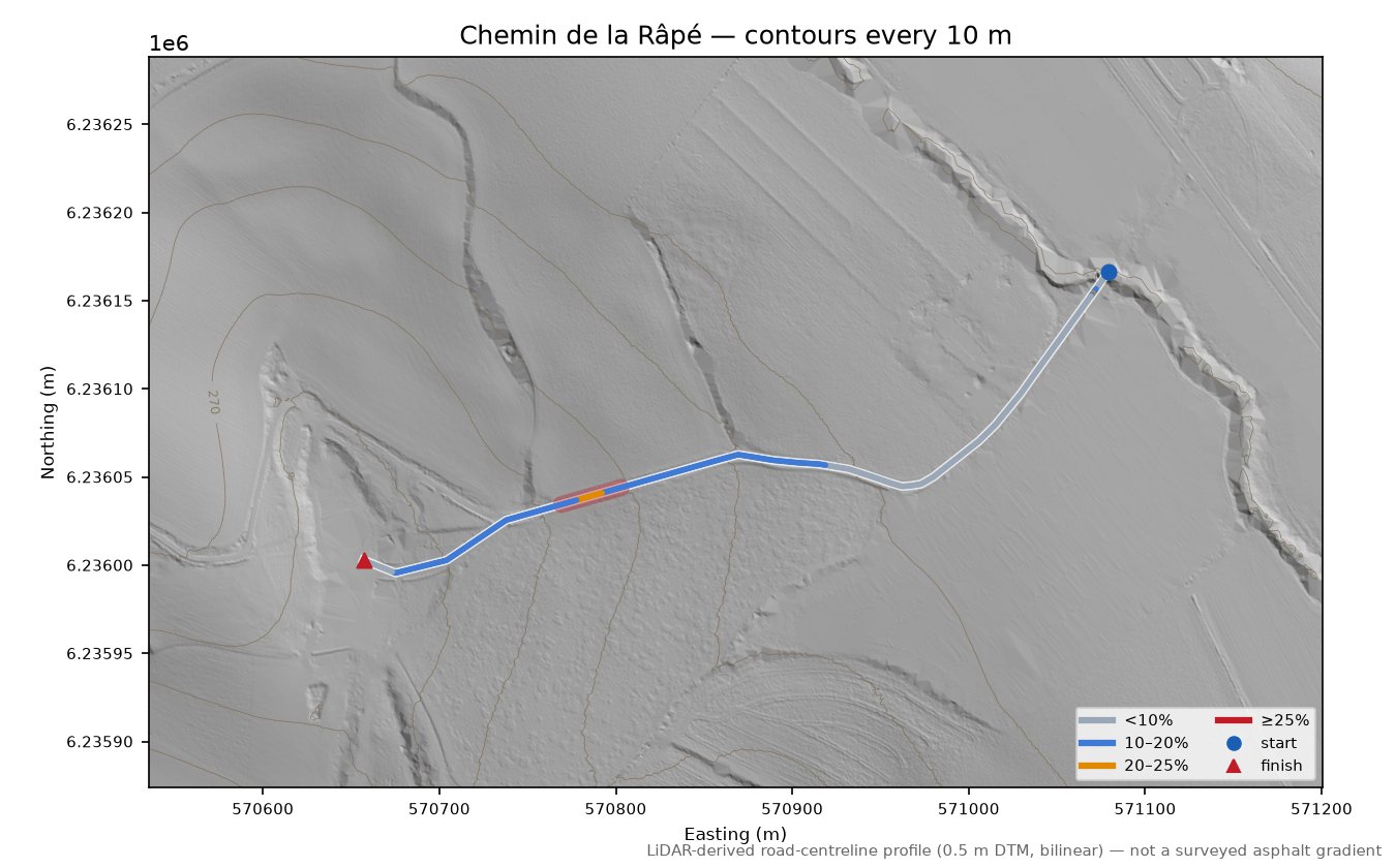 Chemin de la Râpé LiDAR hillshade map with contours