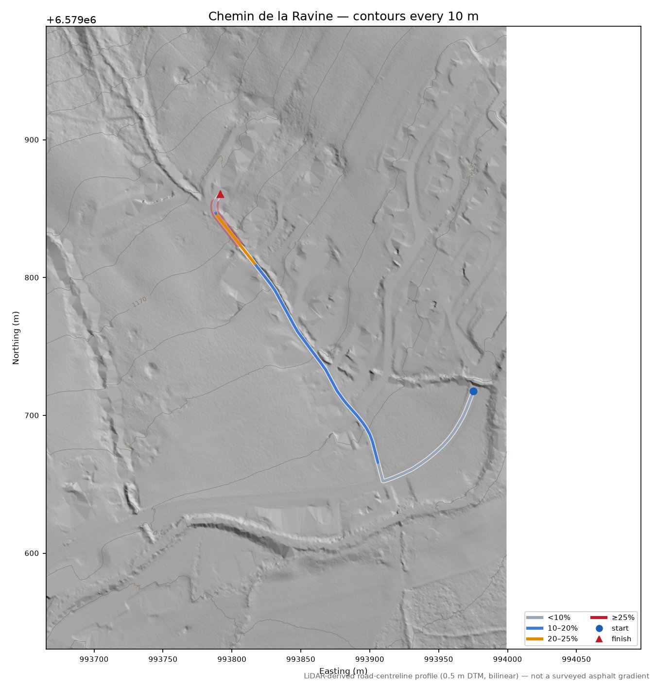 Chemin de la Ravine LiDAR hillshade map with contours