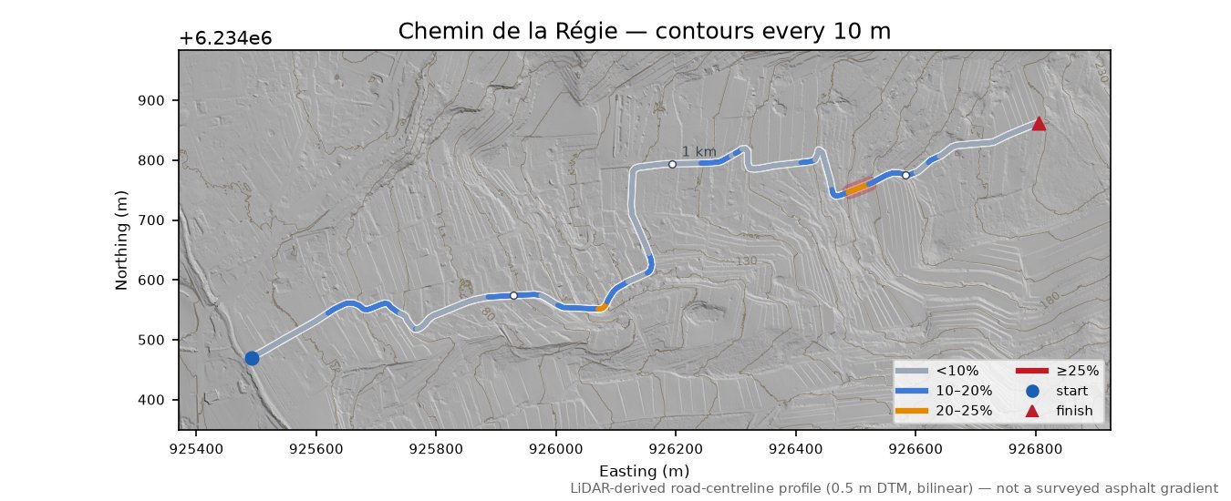 Chemin de la Régie LiDAR hillshade map with contours