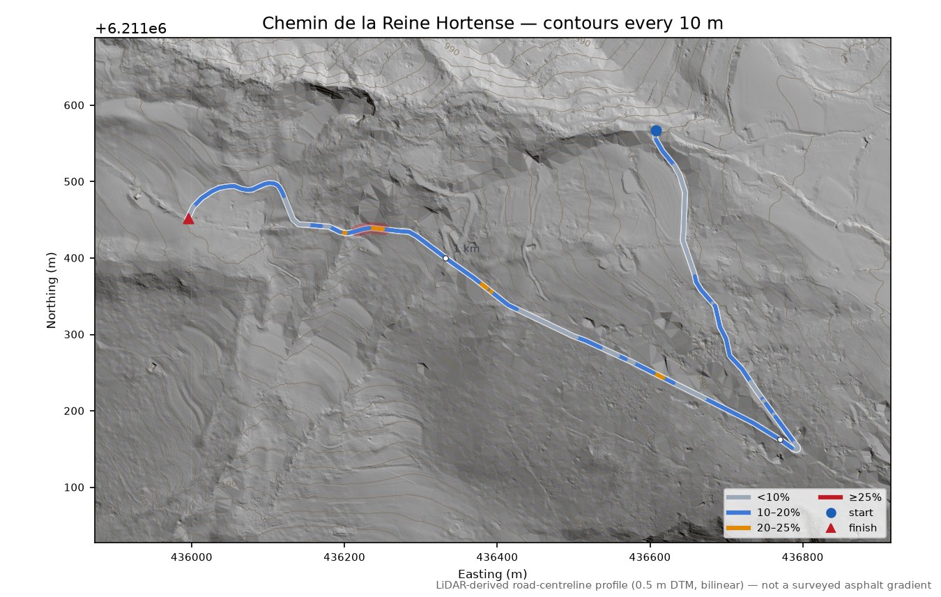 Chemin de la Reine Hortense LiDAR hillshade map with contours