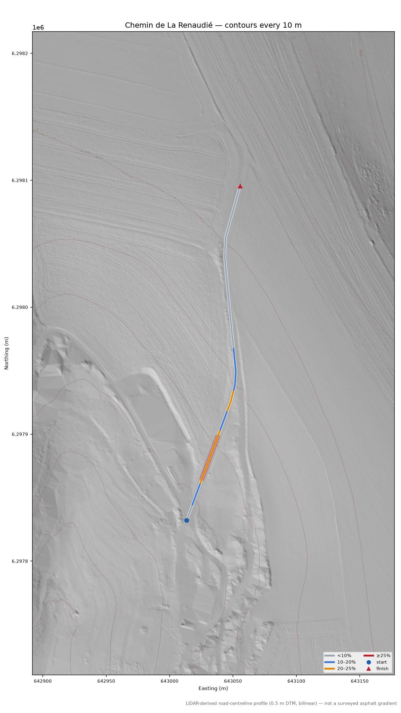 Chemin de La Renaudié LiDAR hillshade map with contours