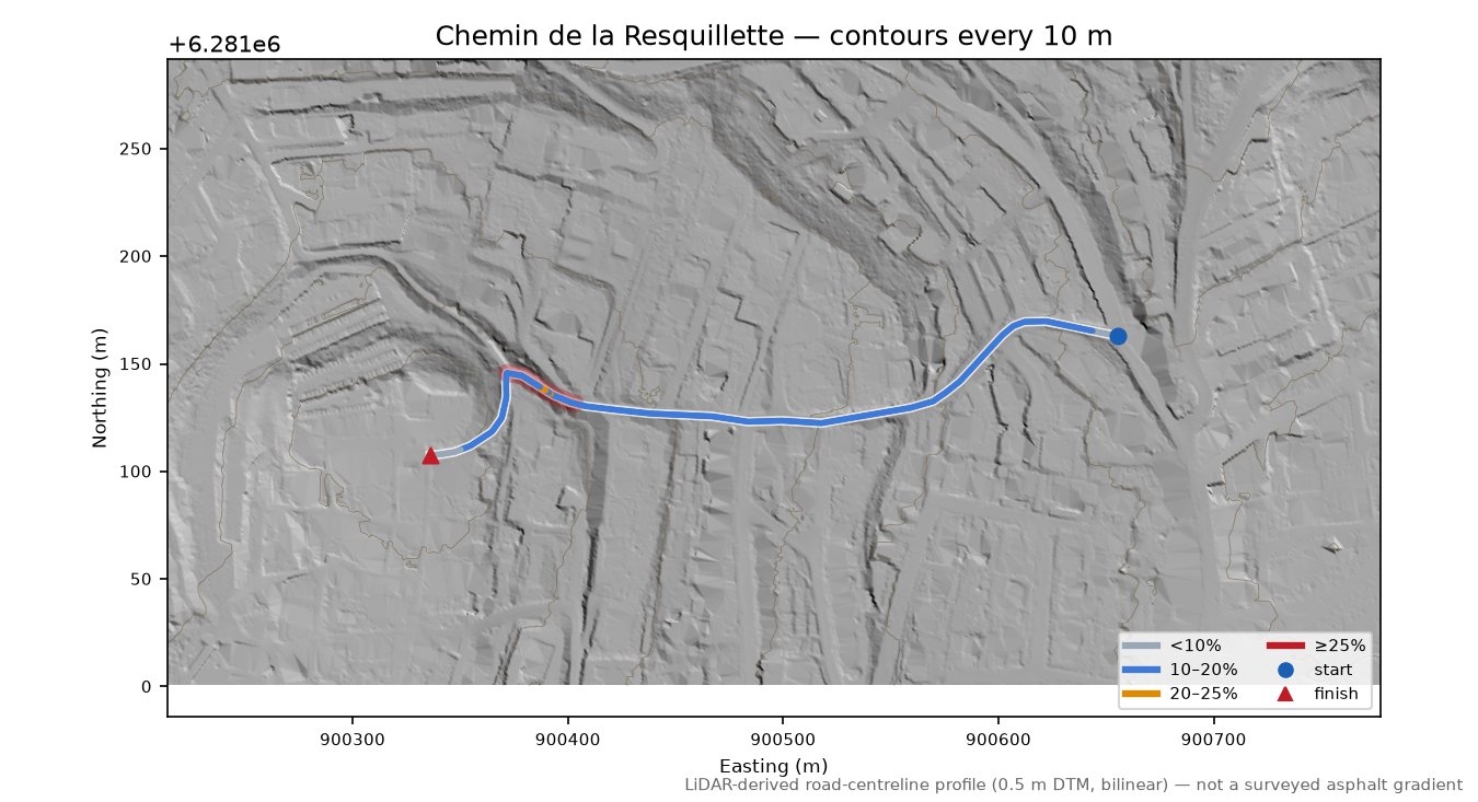 Chemin de la Resquillette LiDAR hillshade map with contours
