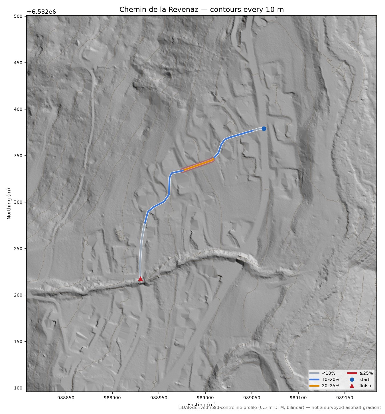 Chemin de la Revenaz LiDAR hillshade map with contours