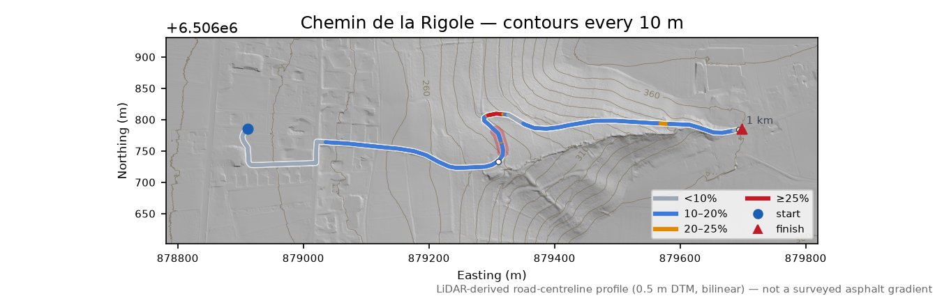 Chemin de la Rigole LiDAR hillshade map with contours
