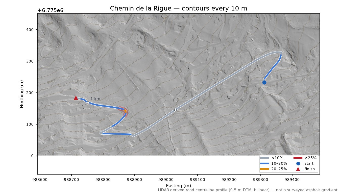 Chemin de la Rigue LiDAR hillshade map with contours