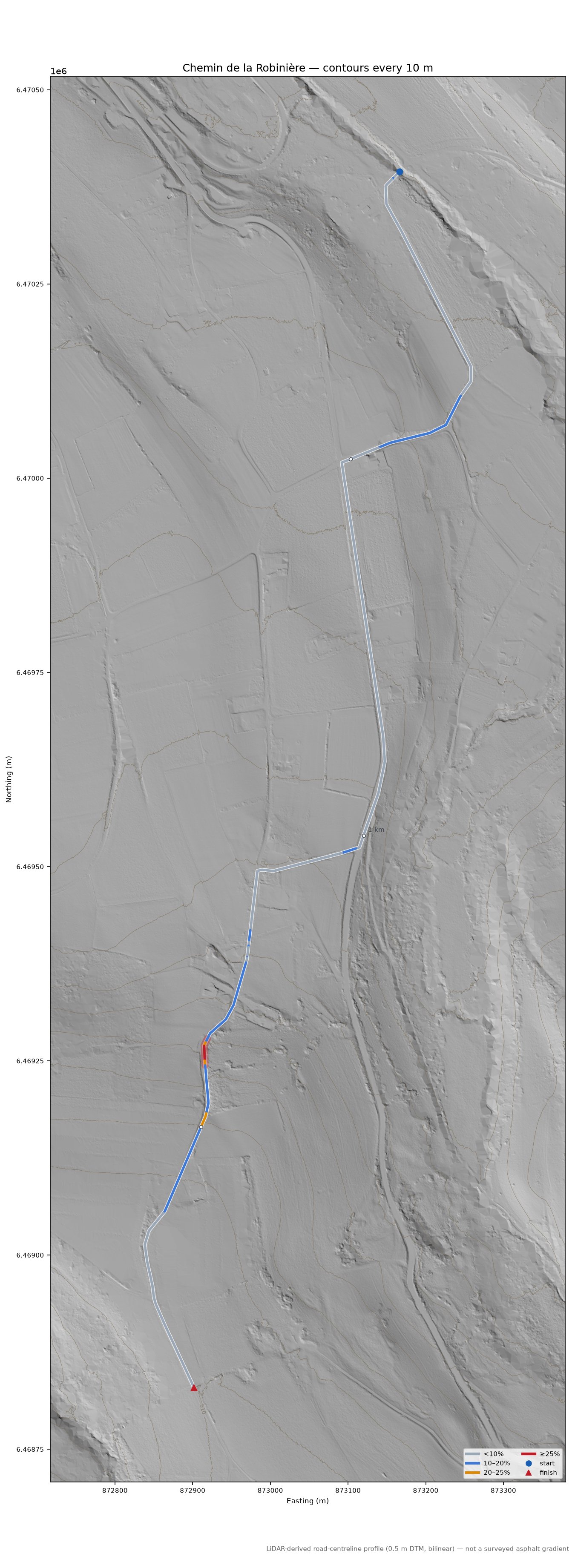 Chemin de la Robinière LiDAR hillshade map with contours