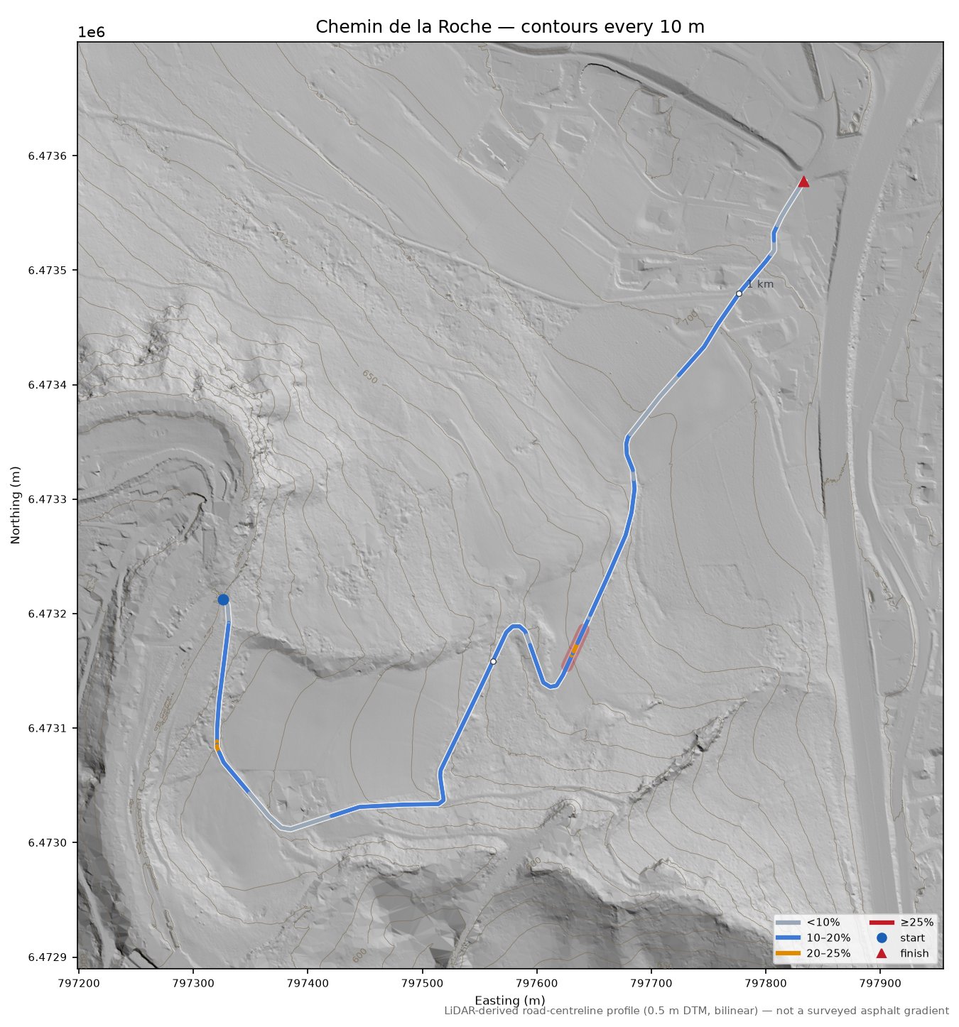 Chemin de la Roche LiDAR hillshade map with contours