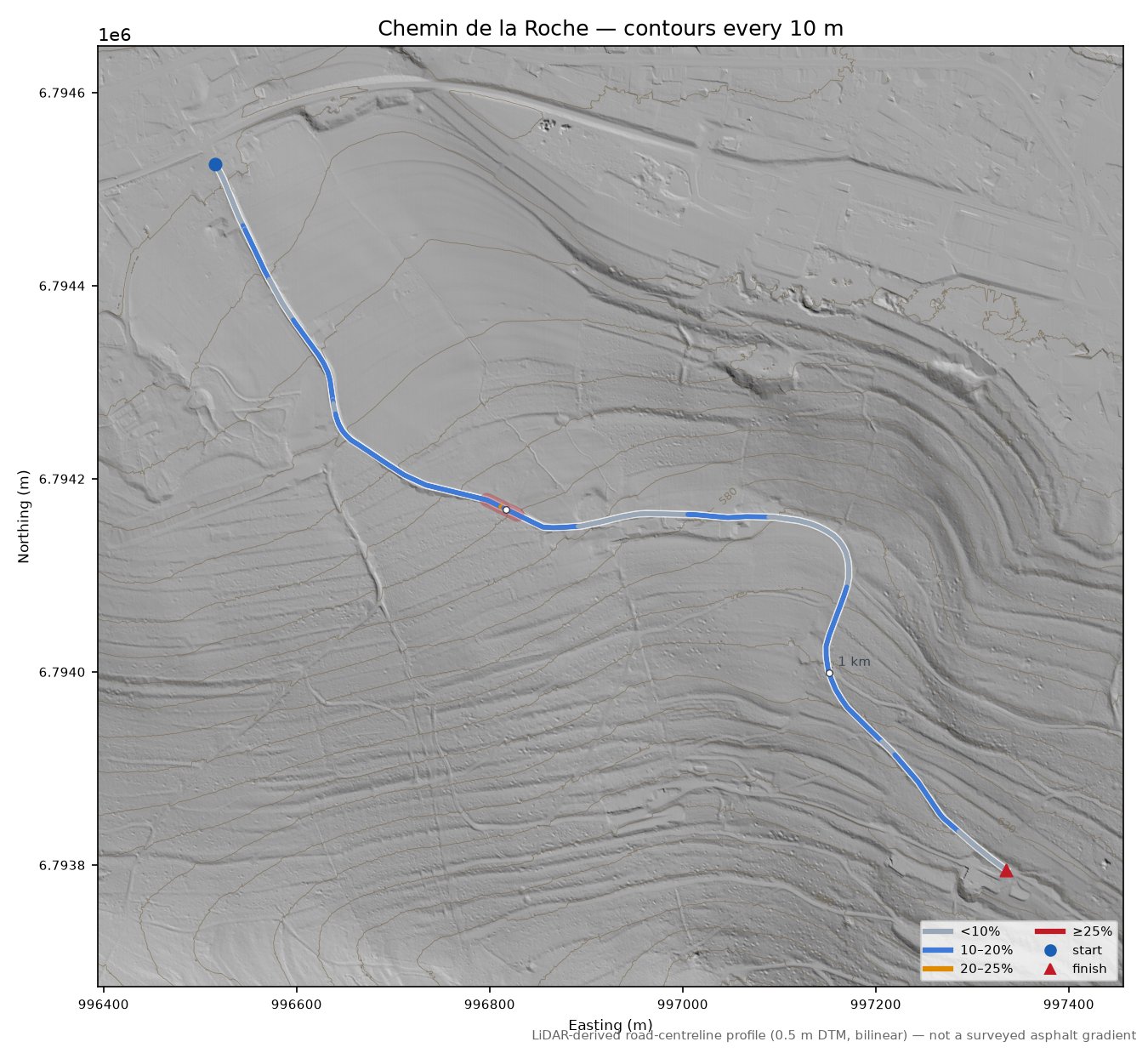 Chemin de la Roche LiDAR hillshade map with contours