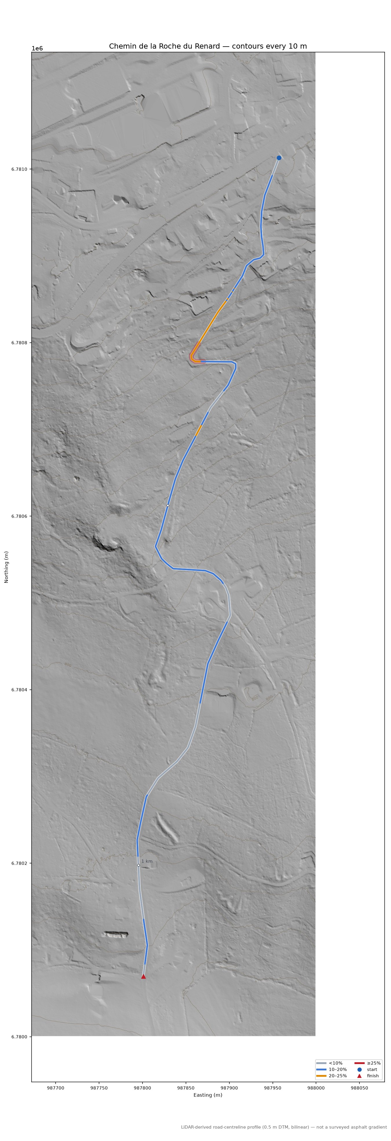 Chemin de la Roche du Renard LiDAR hillshade map with contours