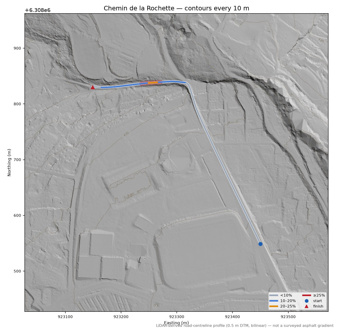 Chemin de la Rochette LiDAR hillshade map with contours