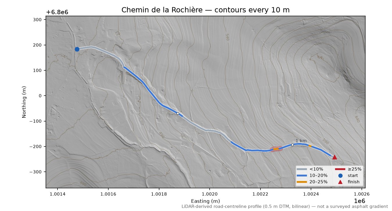 Chemin de la Rochière LiDAR hillshade map with contours