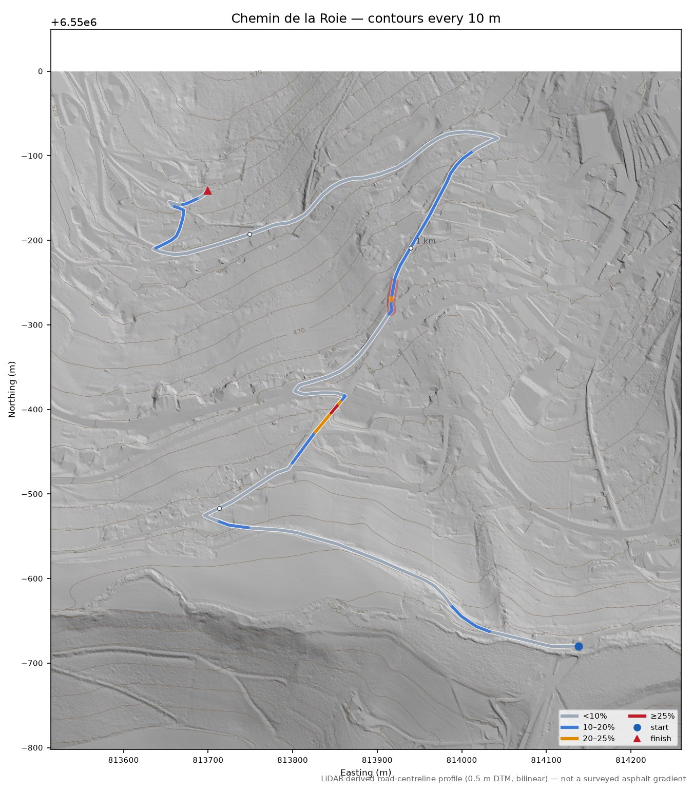 Chemin de la Roie LiDAR hillshade map with contours