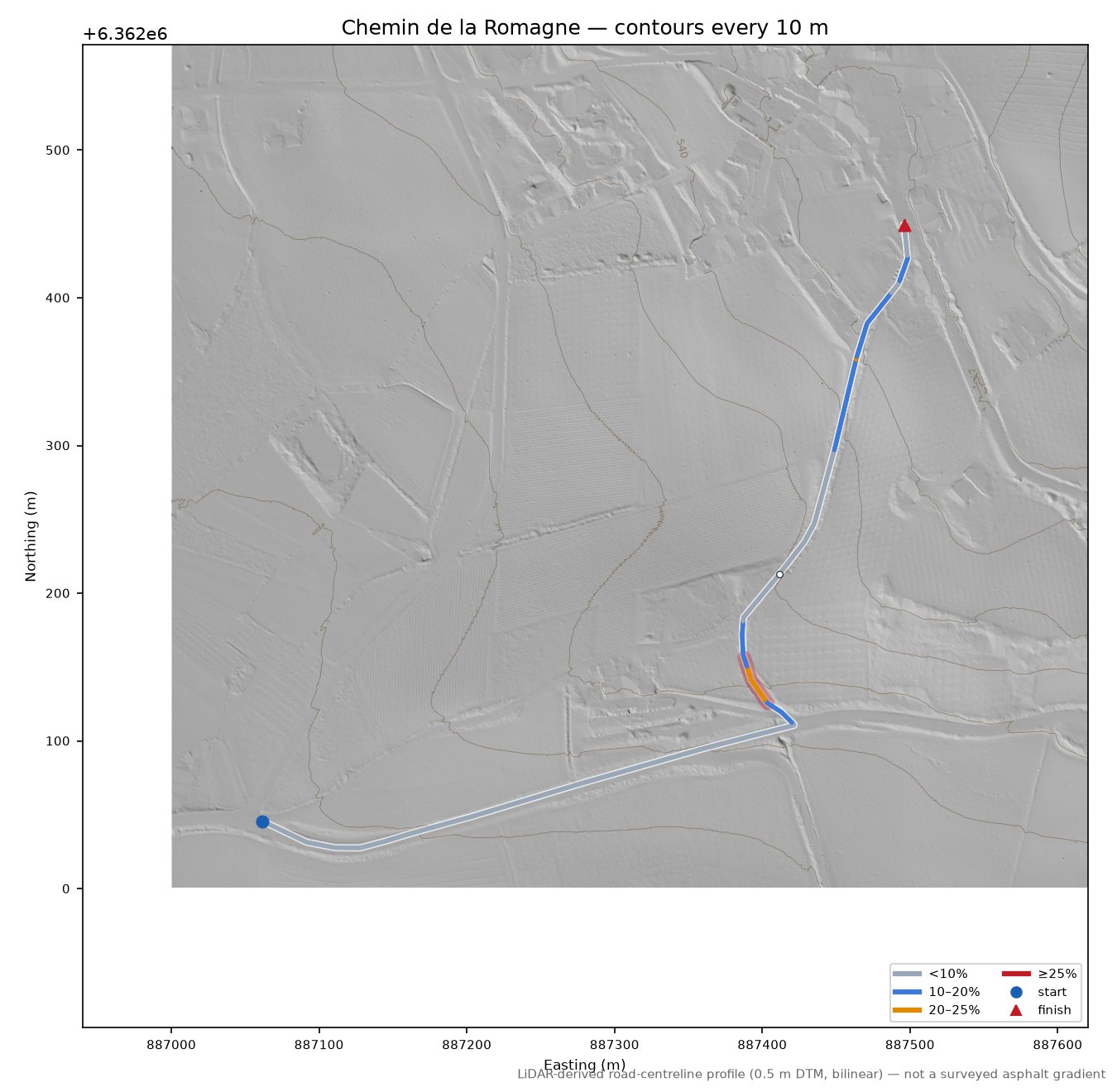Chemin de la Romagne LiDAR hillshade map with contours