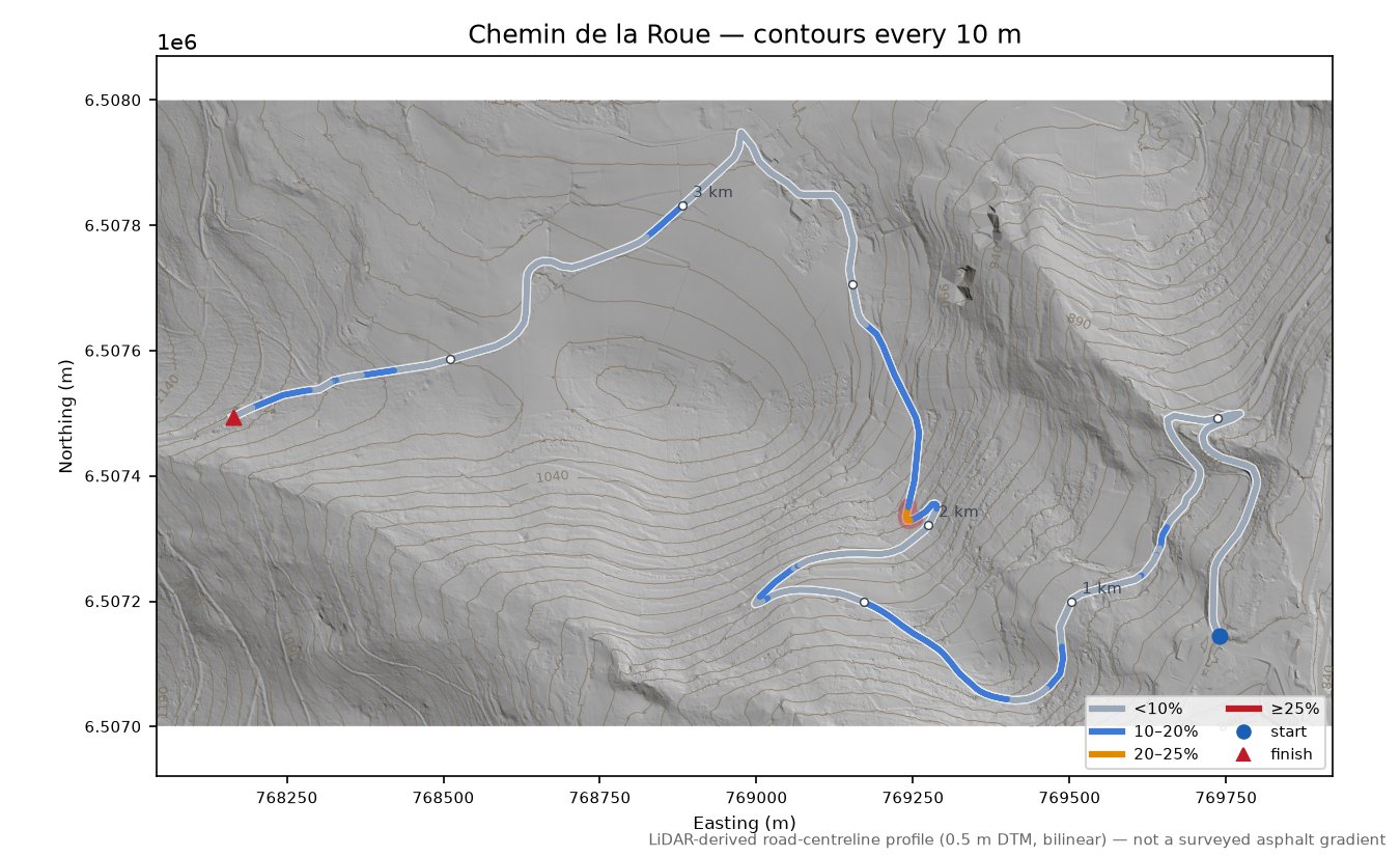 Chemin de la Roue LiDAR hillshade map with contours