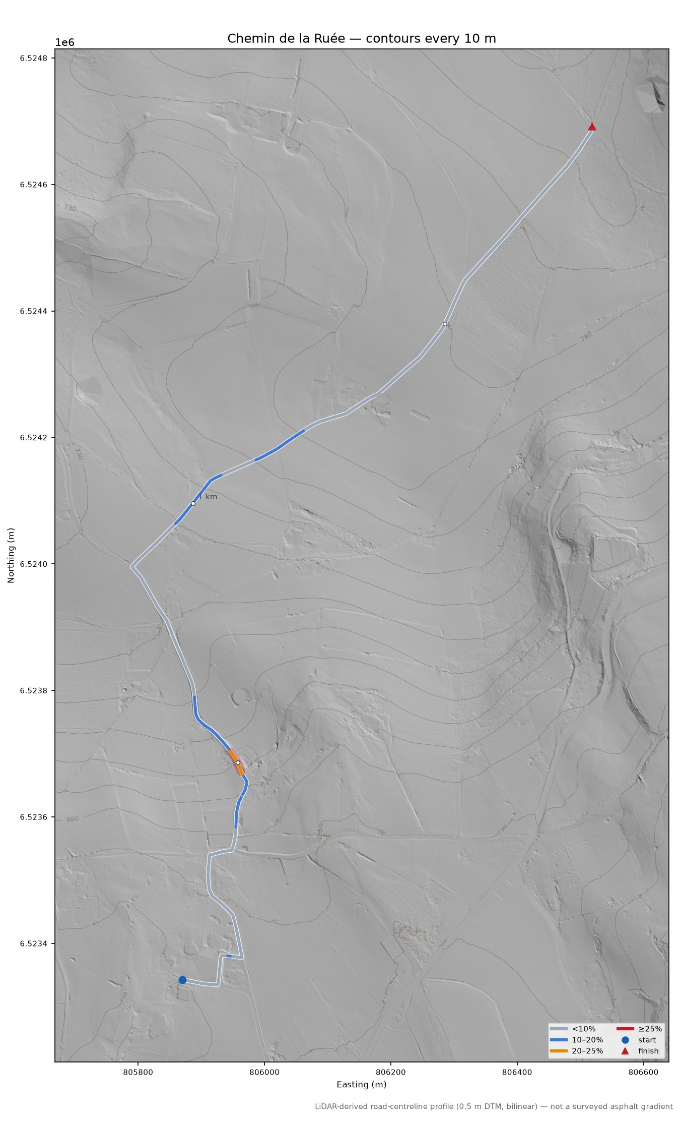 Chemin de la Ruée LiDAR hillshade map with contours