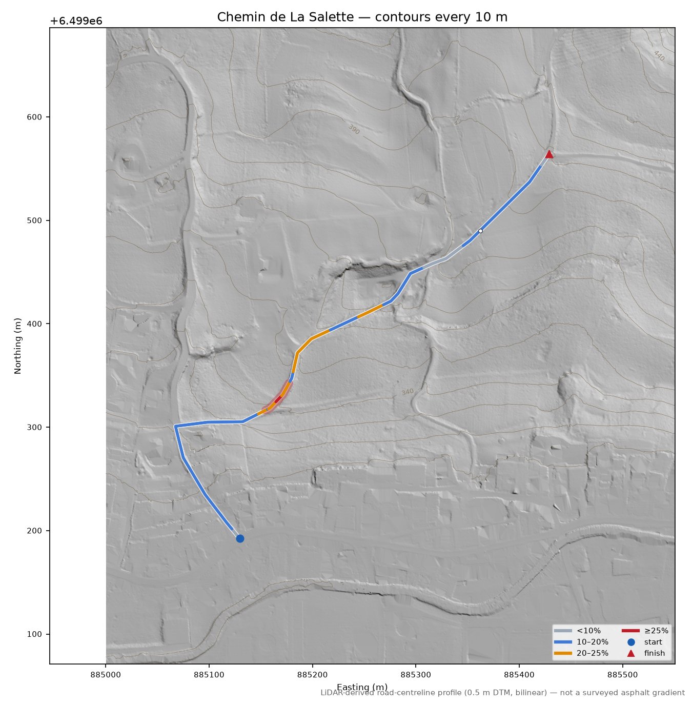 Chemin de La Salette LiDAR hillshade map with contours