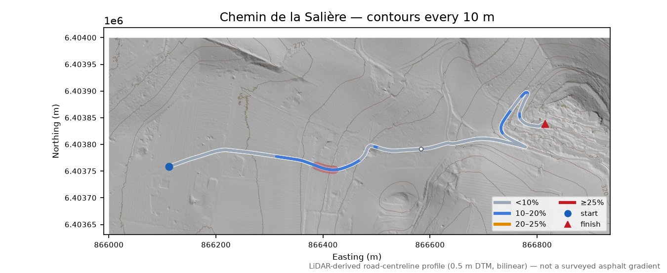 Chemin de la Salière LiDAR hillshade map with contours