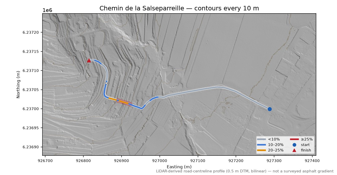 Chemin de la Salseparreille LiDAR hillshade map with contours