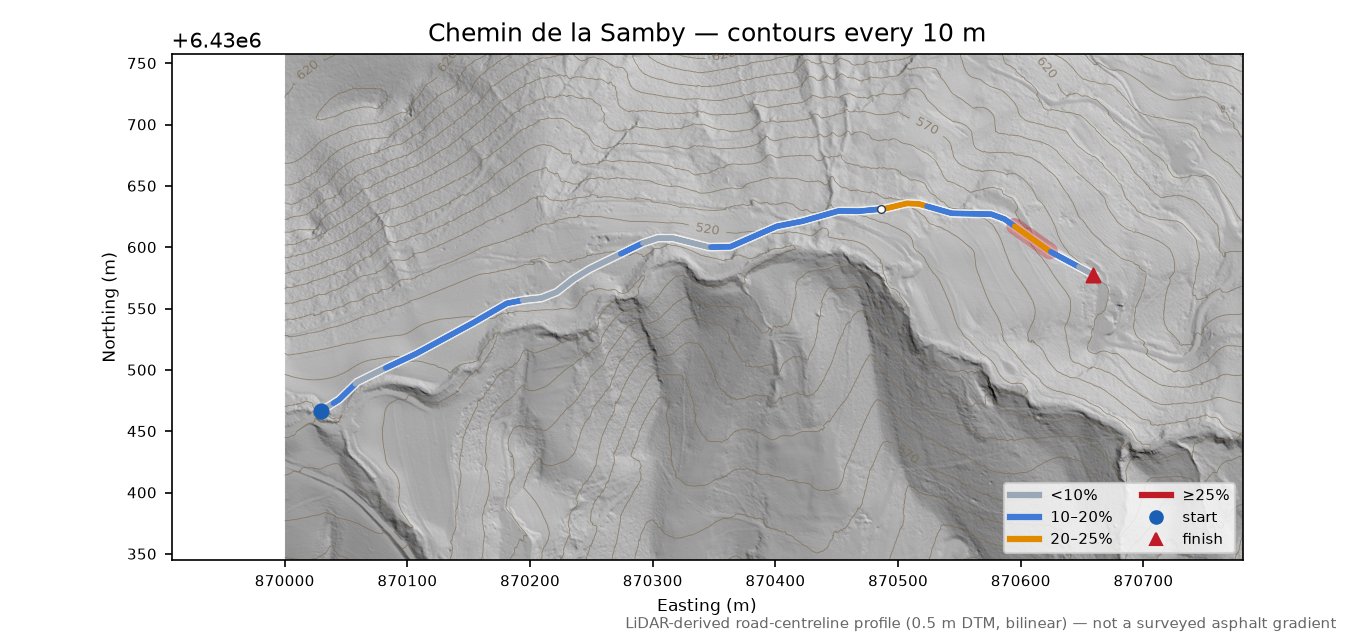 Chemin de la Samby LiDAR hillshade map with contours