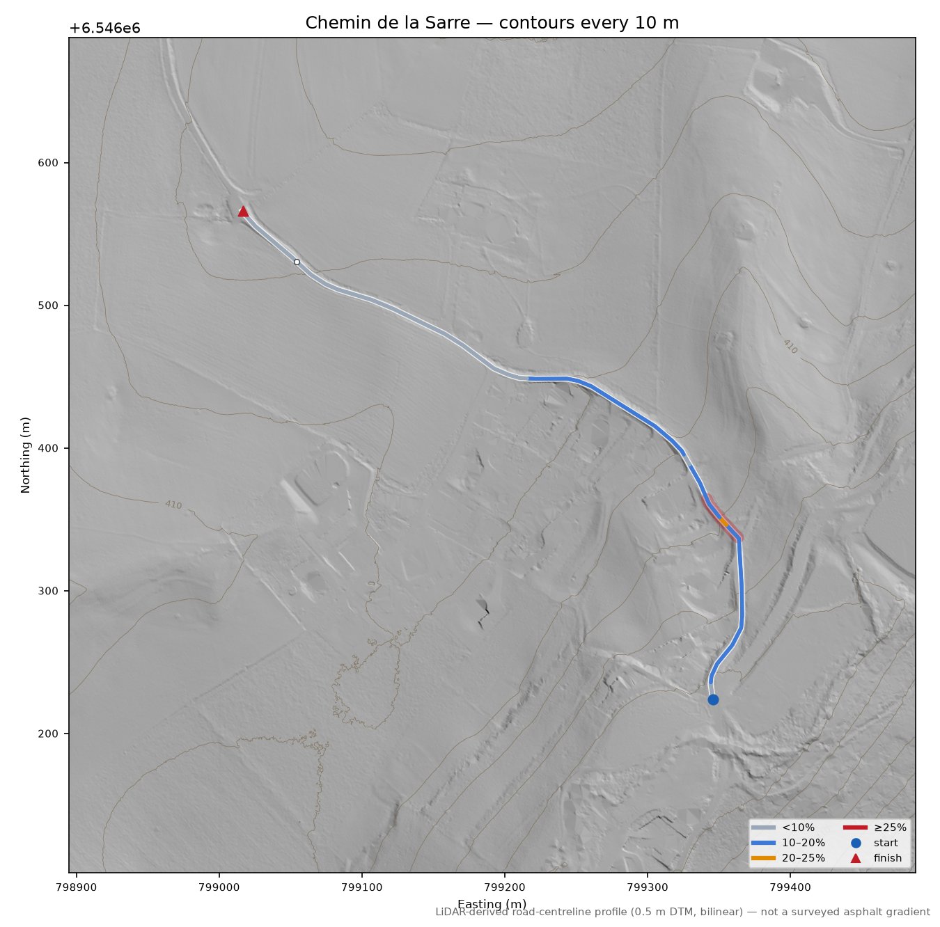Chemin de la Sarre LiDAR hillshade map with contours
