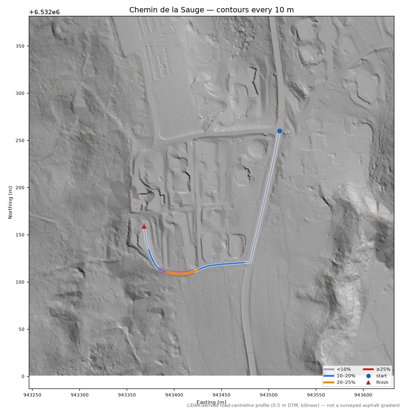 Chemin de la Sauge LiDAR hillshade map with contours