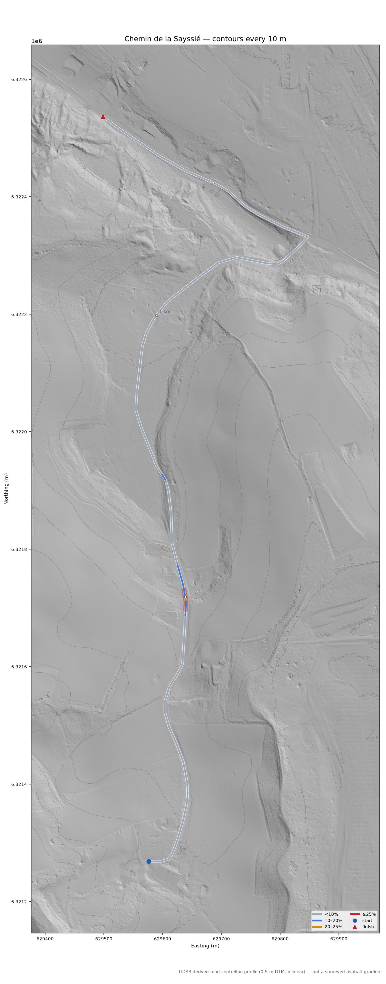 Chemin de la Sayssié LiDAR hillshade map with contours