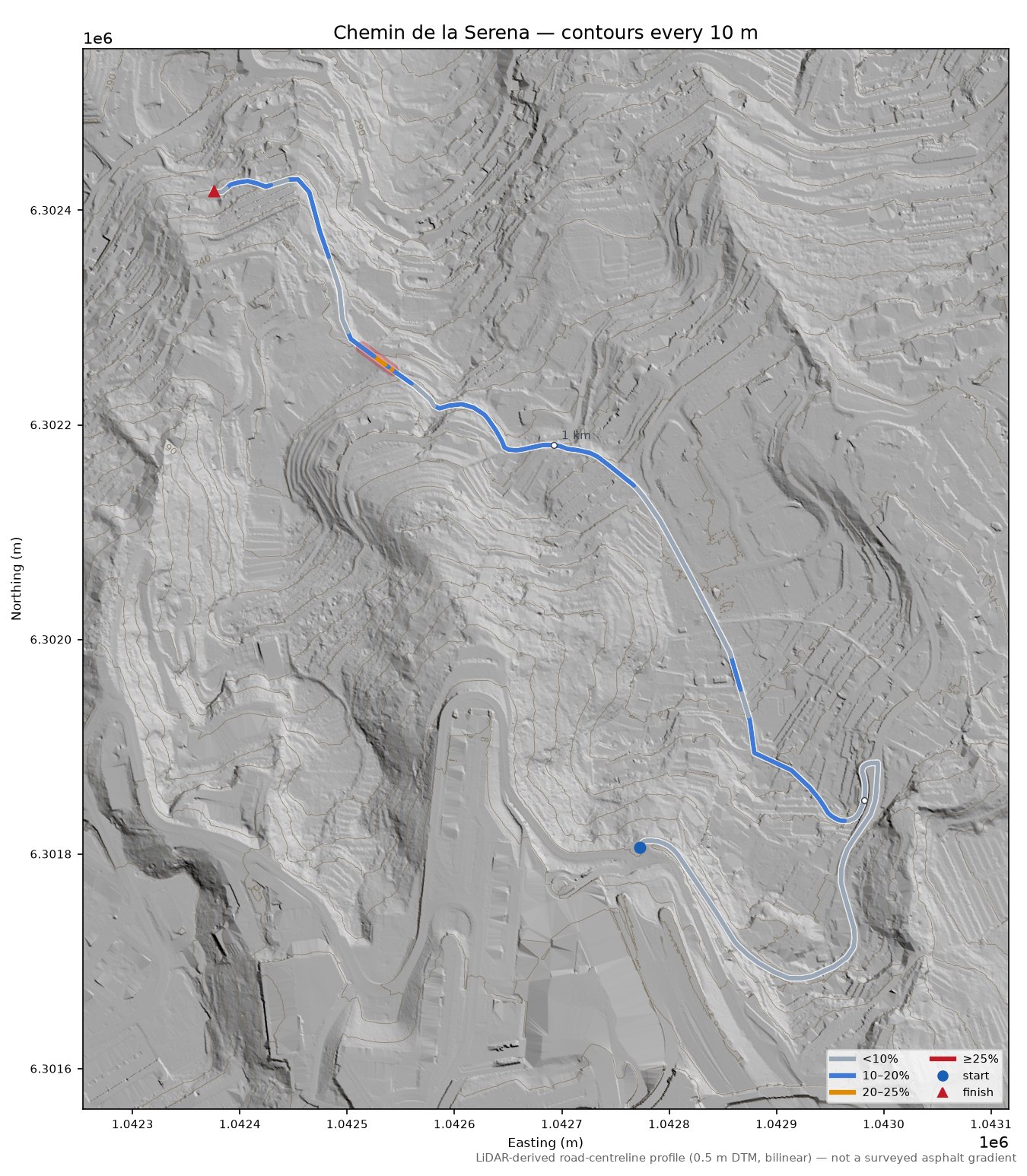 Chemin de la Serena LiDAR hillshade map with contours