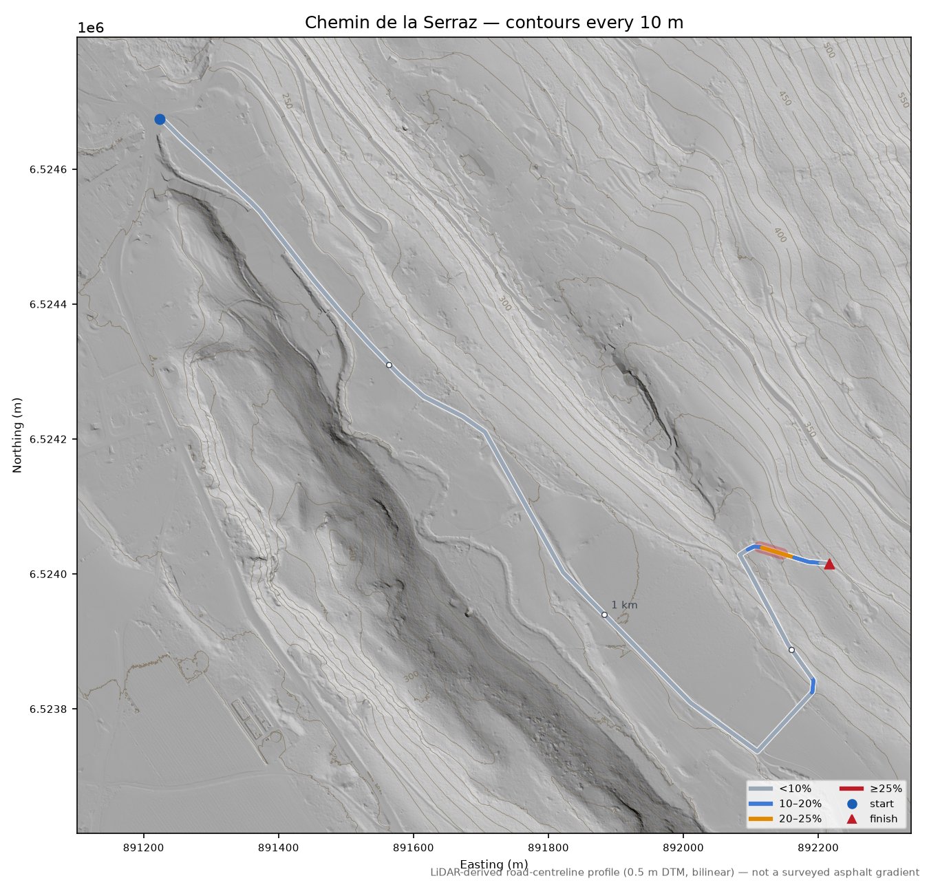 Chemin de la Serraz LiDAR hillshade map with contours