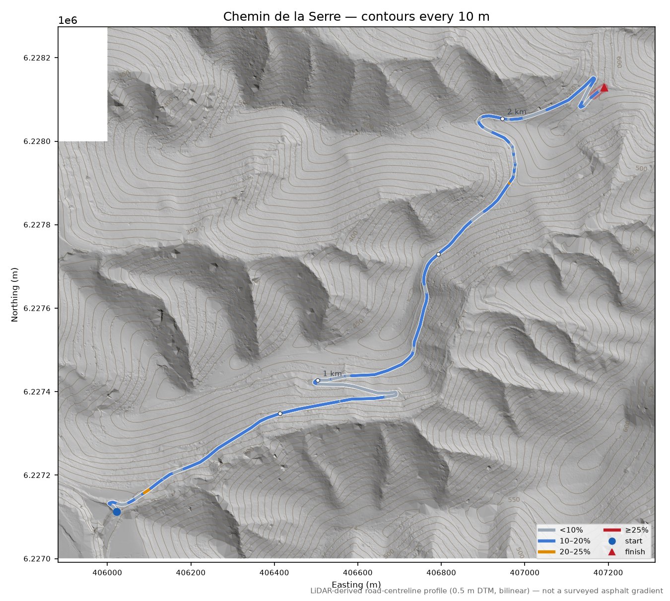 Chemin de la Serre LiDAR hillshade map with contours