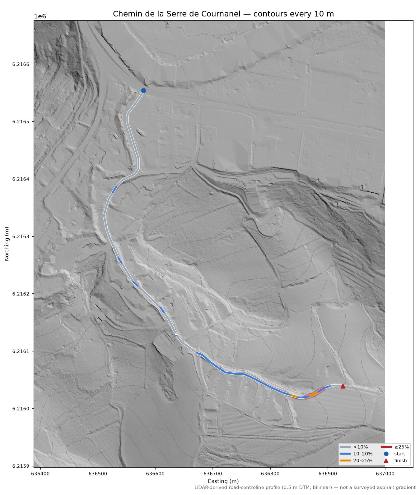Chemin de la Serre de Cournanel LiDAR hillshade map with contours
