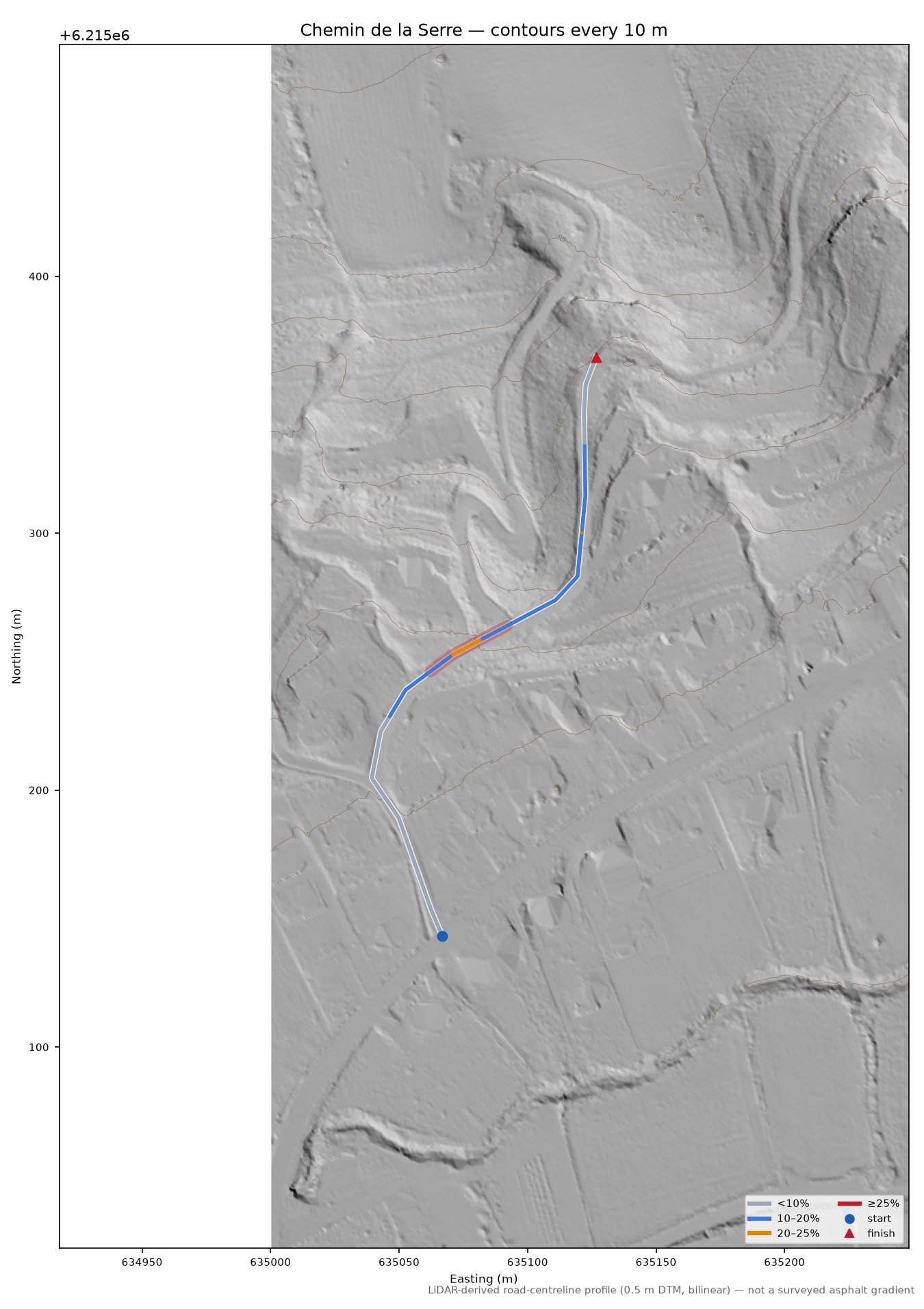 Chemin de la Serre LiDAR hillshade map with contours