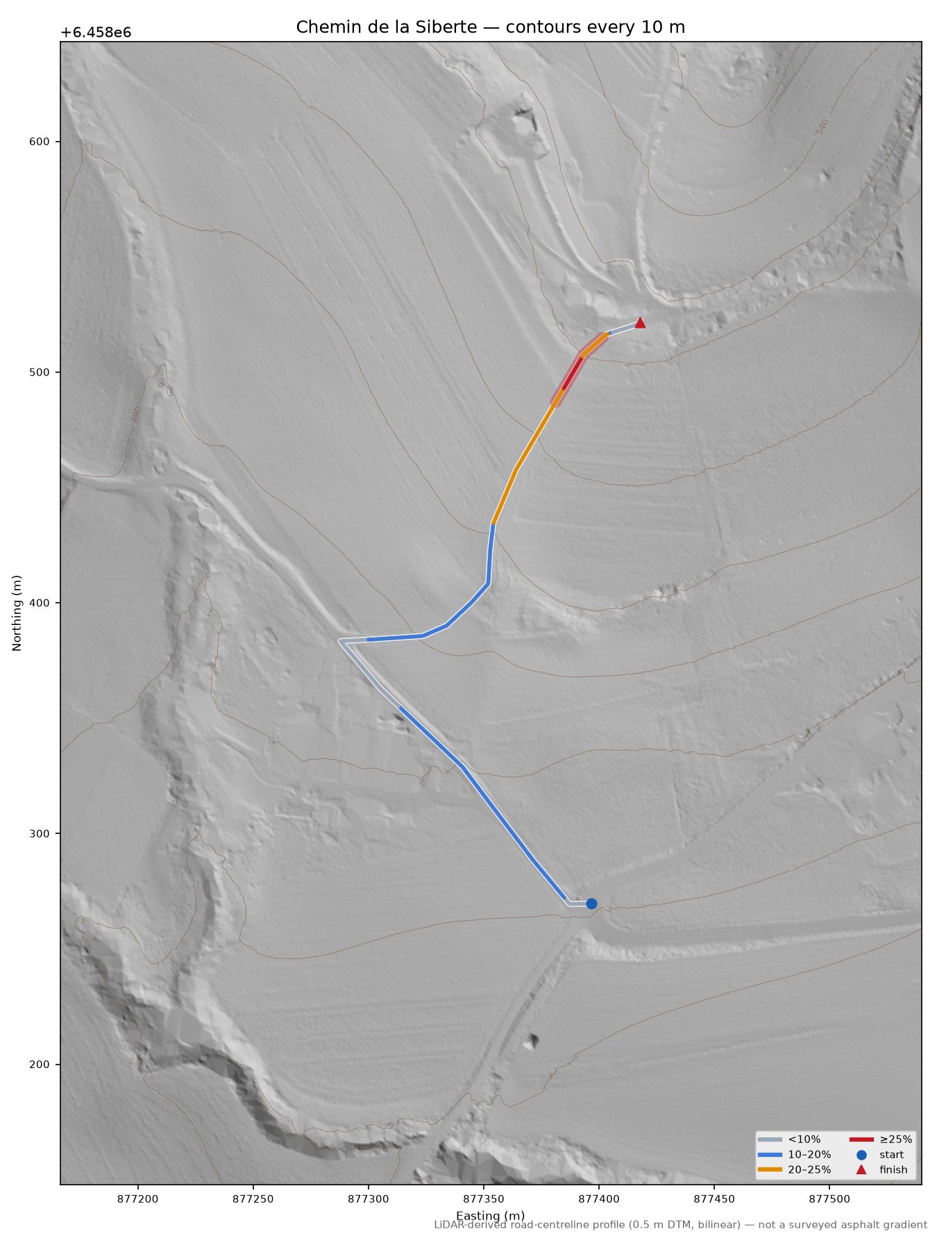 Chemin de la Siberte LiDAR hillshade map with contours