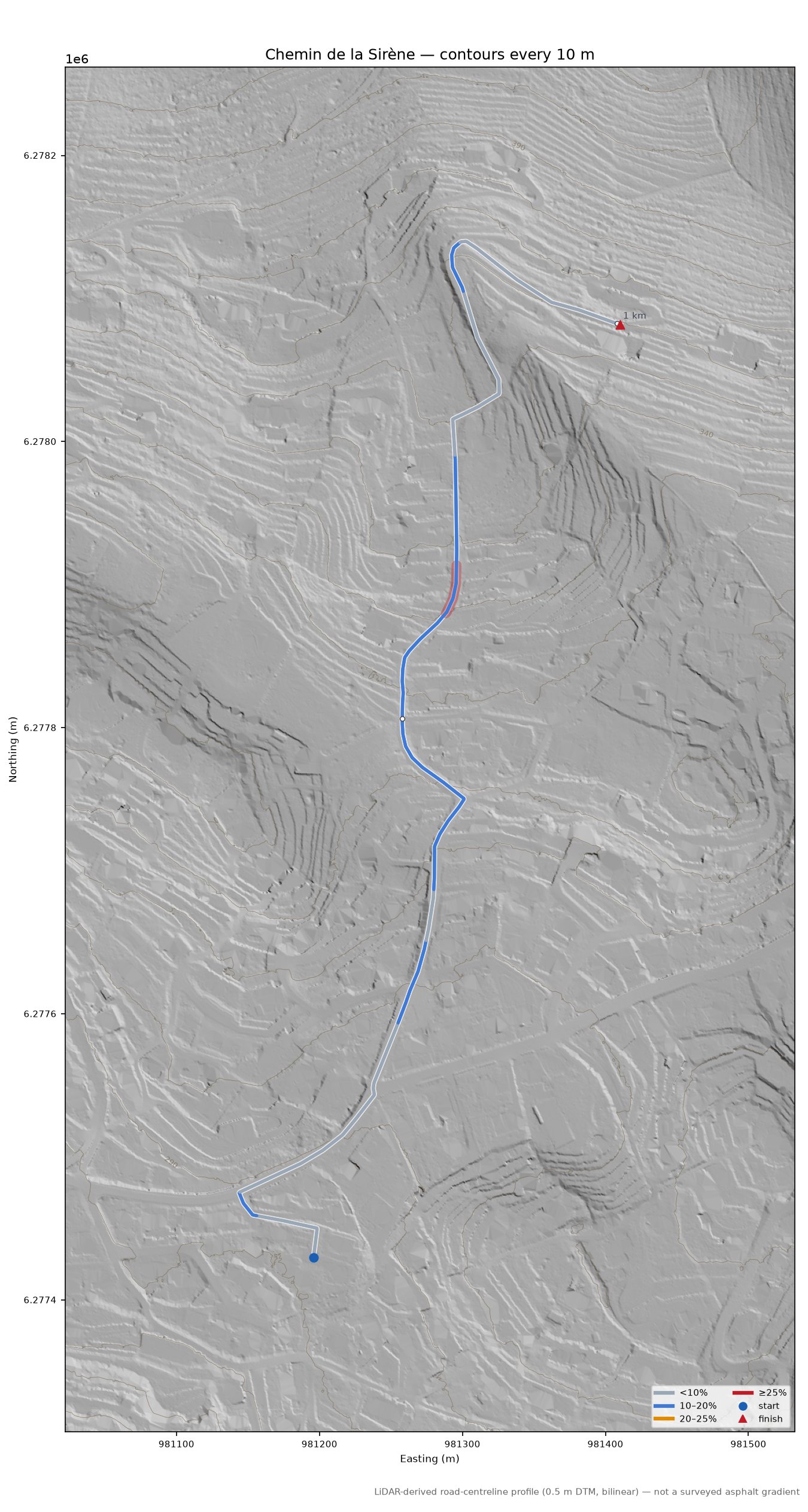 Chemin de la Sirène LiDAR hillshade map with contours