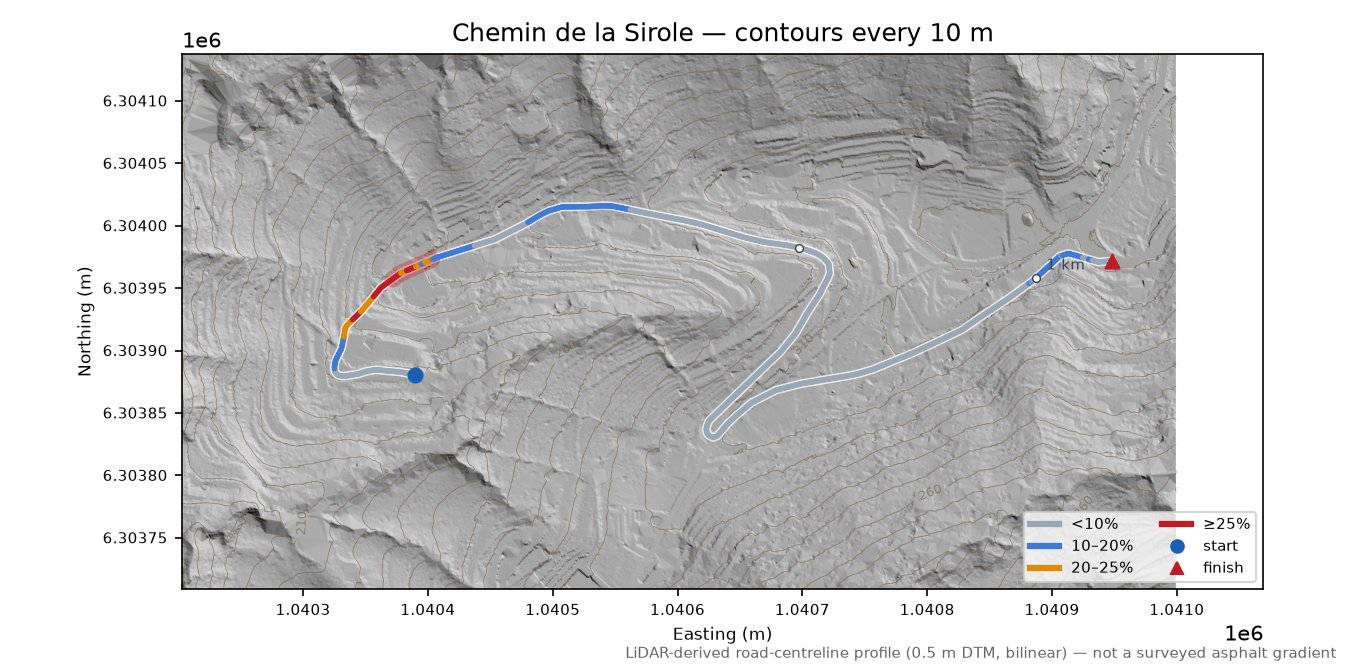 Chemin de la Sirole LiDAR hillshade map with contours