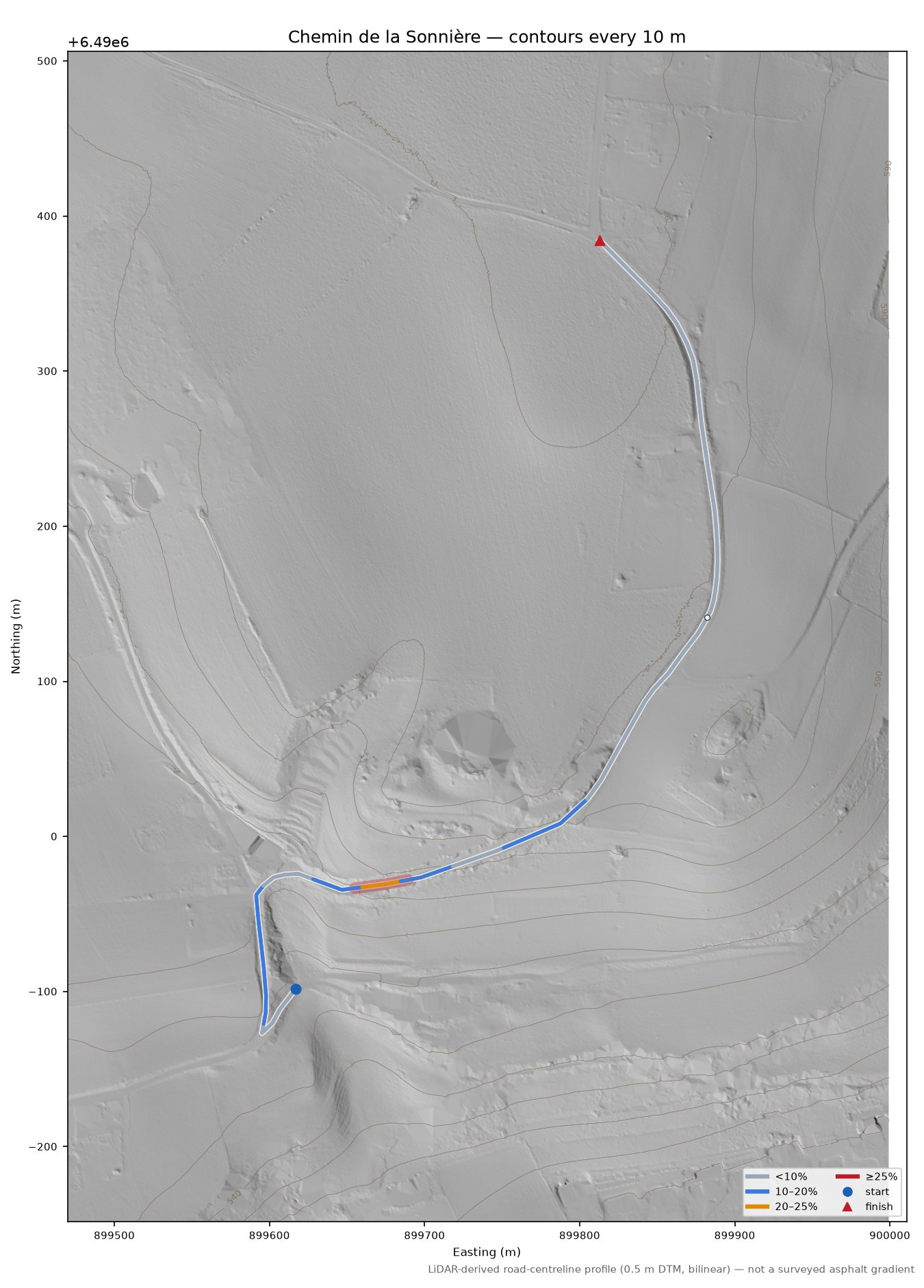Chemin de la Sonnière LiDAR hillshade map with contours