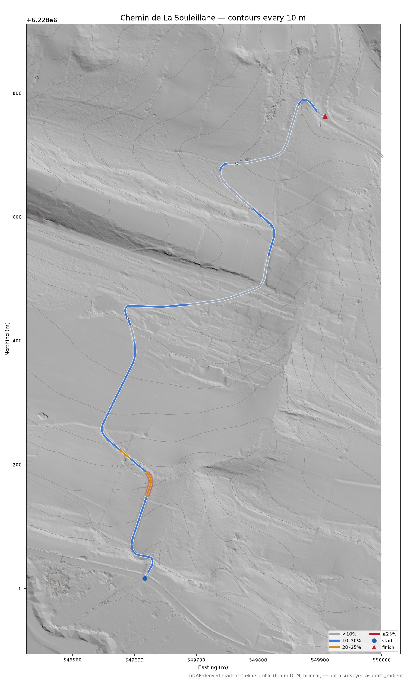 Chemin de La Souleillane LiDAR hillshade map with contours