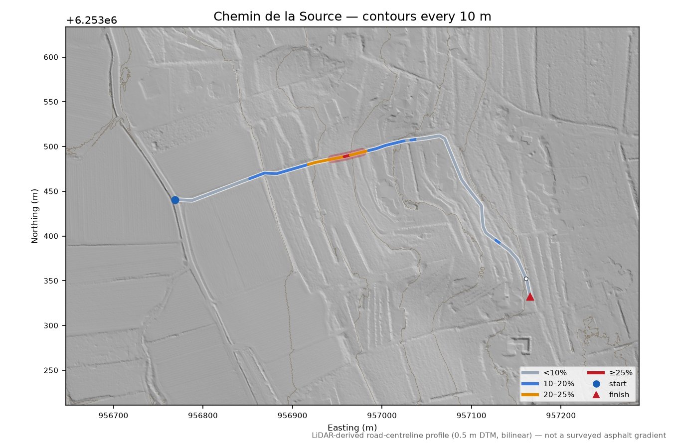 Chemin de la Source LiDAR hillshade map with contours