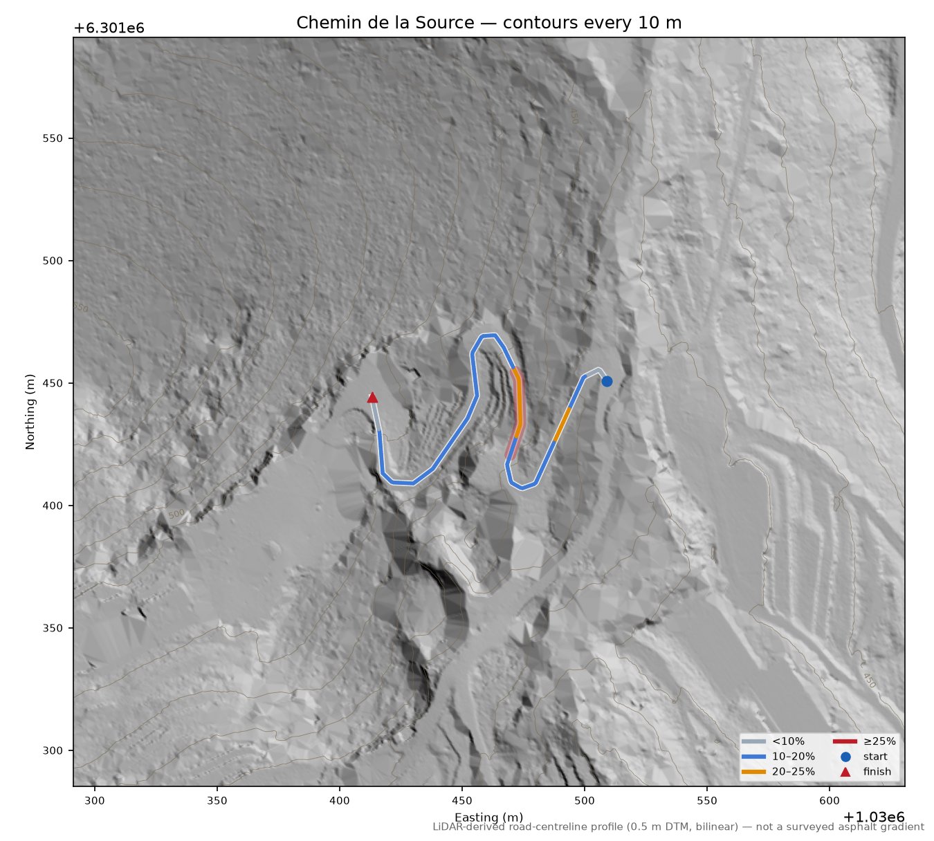 Chemin de la Source LiDAR hillshade map with contours